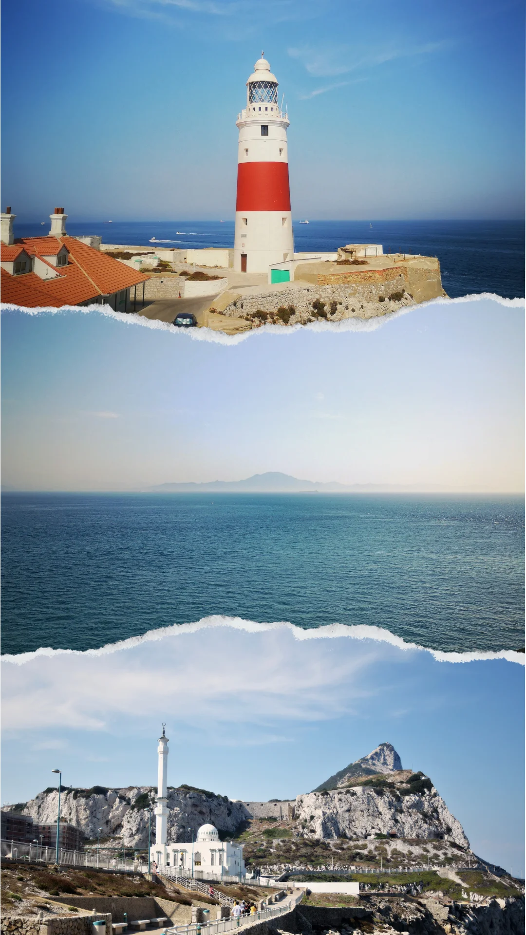 Z malowniczego Europa Point / Point of Gibraltar do wybrzeża Afryki (środkowe zdjęcie) jest zaledwie kilkanaście kilometrów.