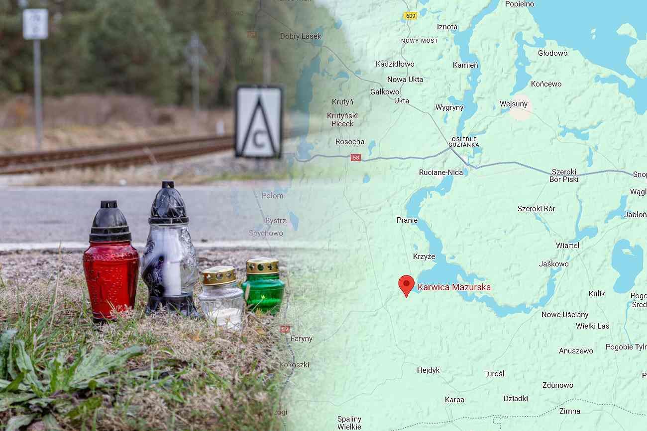 Karwica Mazurska to miejsce, gdzie doszło do tragicznego wypadku. Na zdjęciu Karwica Mazurska i znicze w miejscu wypadku. Obok mapa pokazujące położenie Karwicy Mazurskiej.