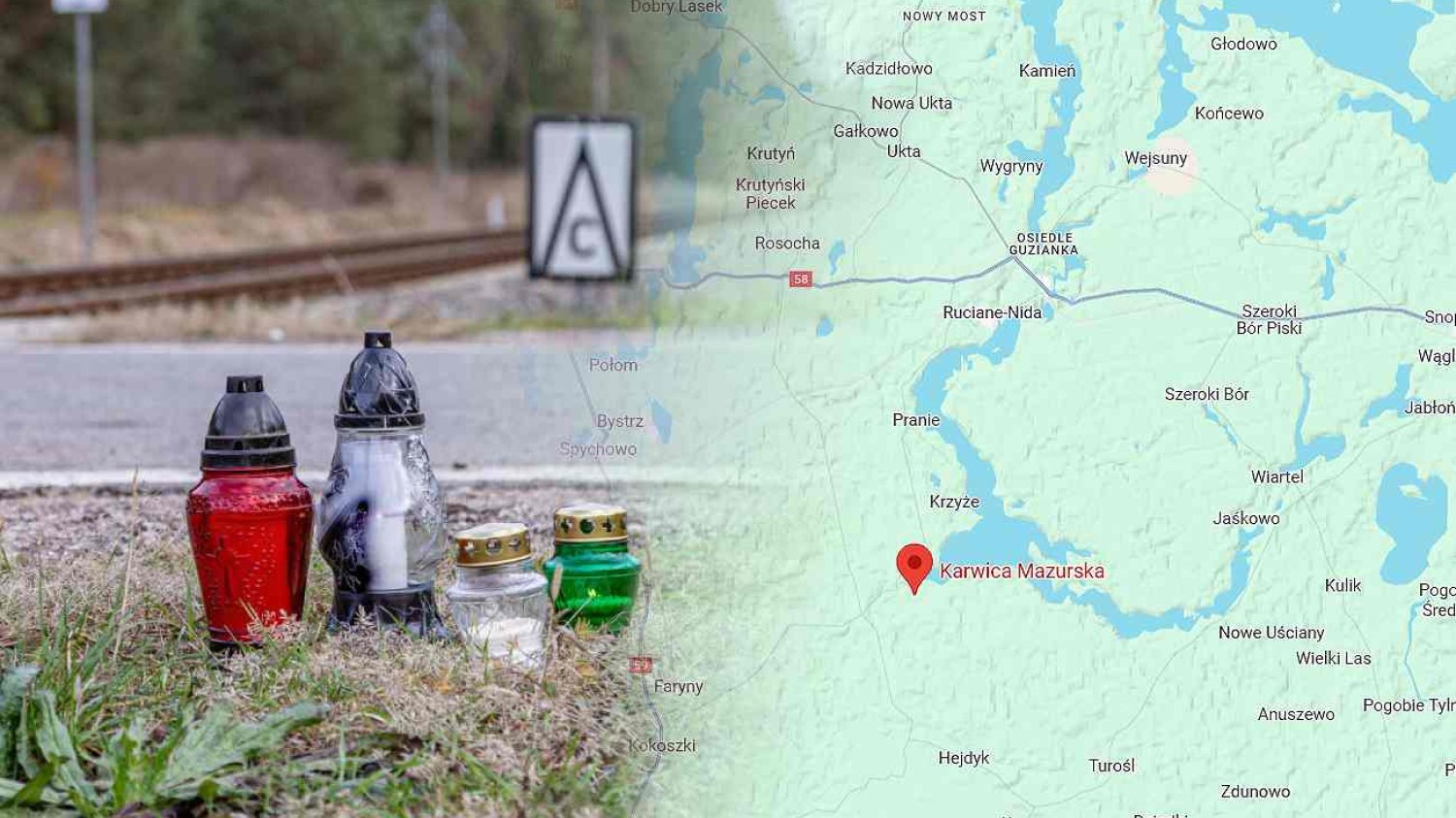 Karwica Mazurska to miejsce, gdzie doszło do tragicznego wypadku. Na zdjęciu Karwica Mazurska i znicze w miejscu wypadku. Obok mapa pokazujące położenie Karwicy Mazurskiej.