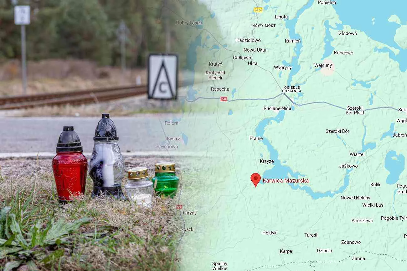 Karwica Mazurska to miejsce, gdzie doszło do tragicznego wypadku. Na zdjęciu Karwica Mazurska i znicze w miejscu wypadku. Obok mapa pokazujące położenie Karwicy Mazurskiej.