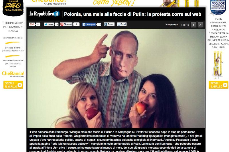 Jabłkiem w twarz Putina – włoska "La Repubblica" pisze o polskim proteście.