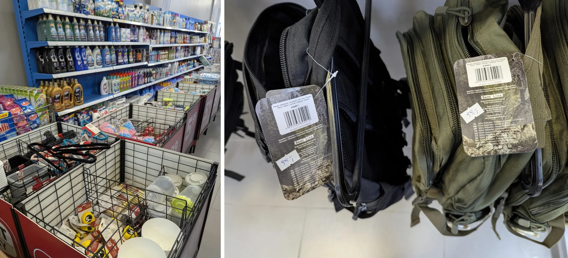 Regały z chemią gospodarczą i kosze z akcesoriami do domu oraz nowe plecaki Semi Line z metkami w sklepie Vive Profit