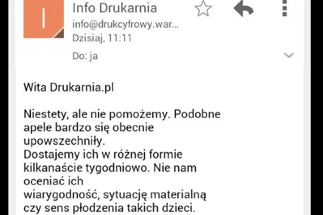 Odpowiedź drukarni na apel matki chorej dziewczynki