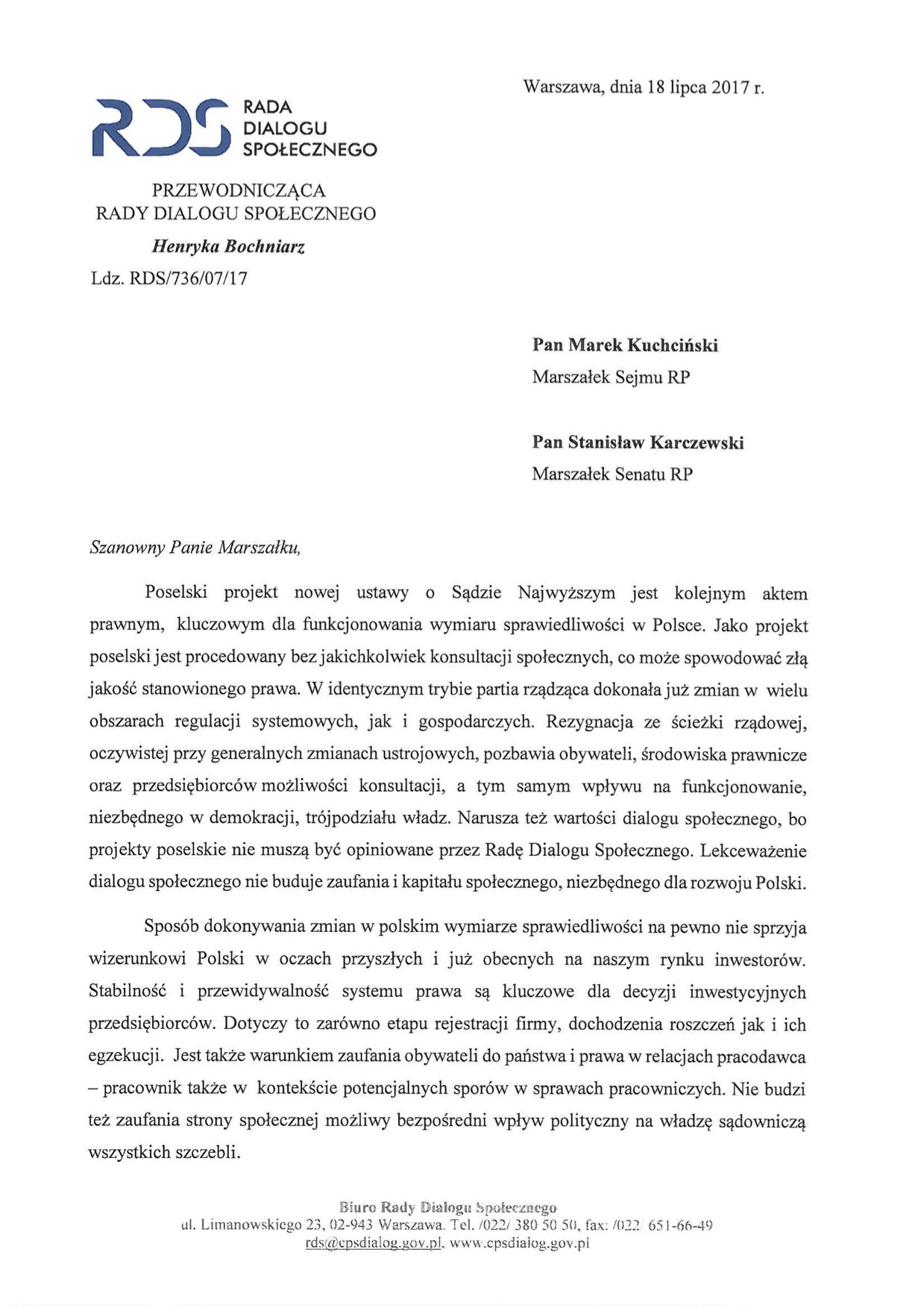 Stanowisko strony społecznej RDS
w sprawie nowelizacji ustawy o Sądzie Najwyższym