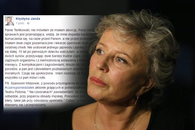 Krystyna Janda odpowiada Tomaszowi Terlikowskiemu i podkreśla, że nigdy nie dokonywała aborcji.