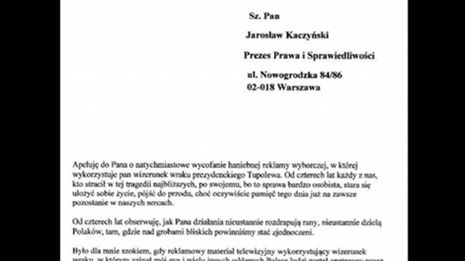 List ojca Sebastiana Karpiniuka do Jarosława Kaczyńskiego
