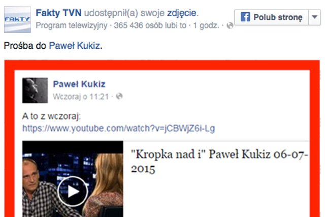 Redakcja "Faktów" TVN poprosiła Pawła Kukiza, by promował na Facebooku wyłącznie legalnie opublikowane nagrania programów tej stacji