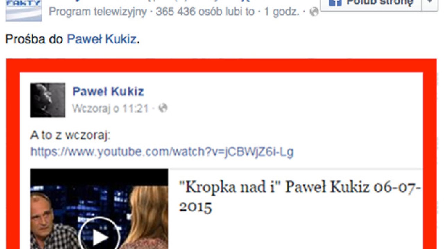 Redakcja "Faktów" TVN poprosiła Pawła Kukiza, by promował na Facebooku wyłącznie legalnie opublikowane nagrania programów tej stacji