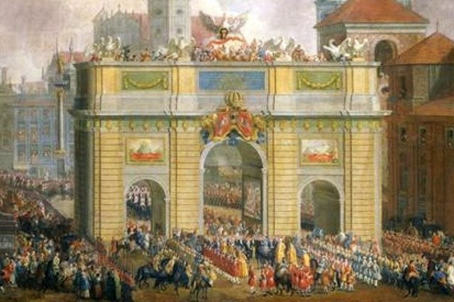 Warszawa miała już łuki triumfalne. Na zdjęciu: fragment obrazu Johanna Samuela Mocka "Wjazd Augusta III do Warszawy" (rok 1734)