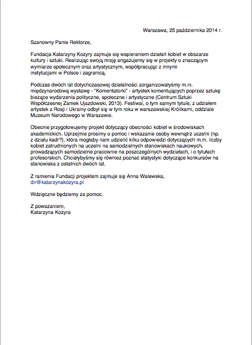 Treść listu wysłana do rektoratów