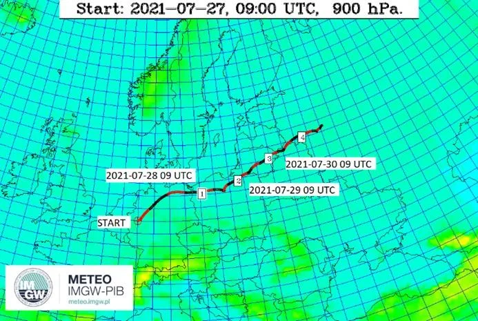 Transport zanieczyszczeń w chmurze skażonego dymu z Leverkusen na wysokości ok. 1000 m n.p.m.