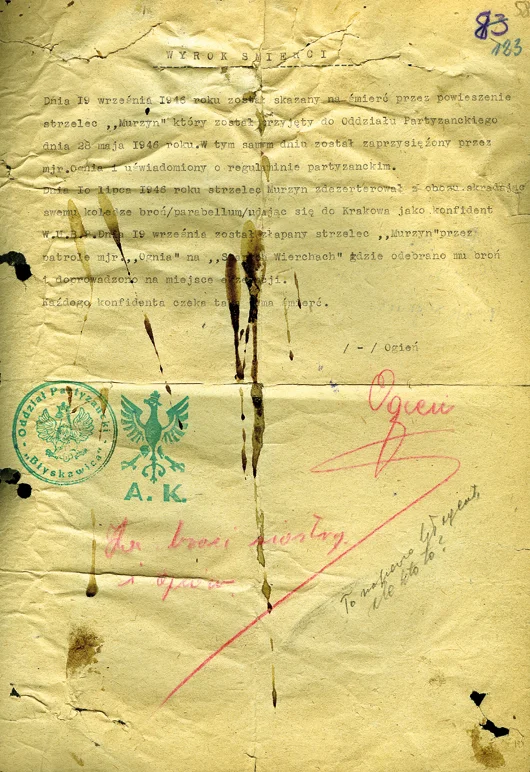 Egzemplarz wyroku śmierci, pozostawionego przy zwłokach Edmunda Czarneckiego ps. „Murzyn”, zwerbowanego i skierowanego do oddziału „Ognia” przez krakowskie UB.