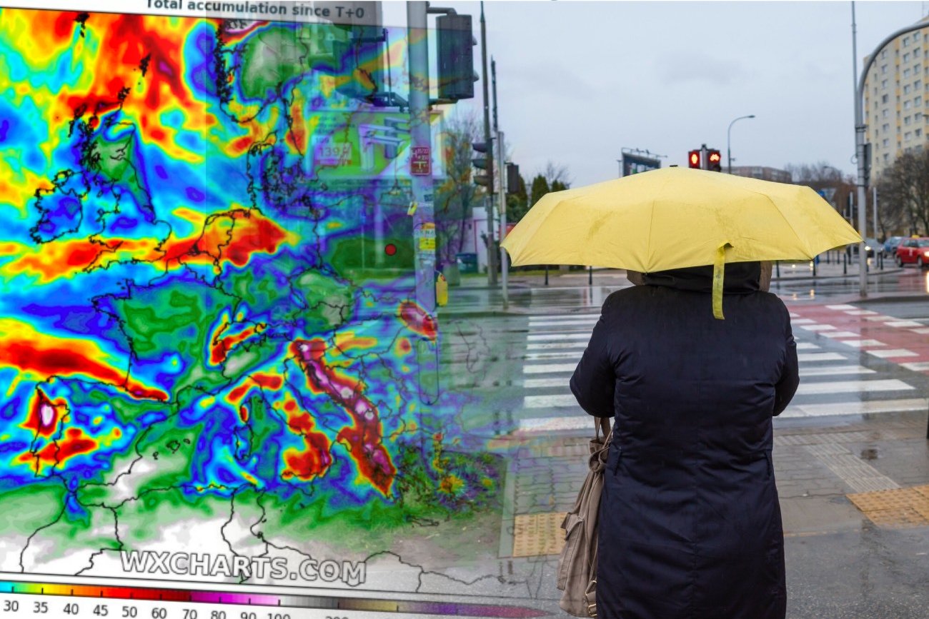 Mapa pogody i kobieta z parasolem