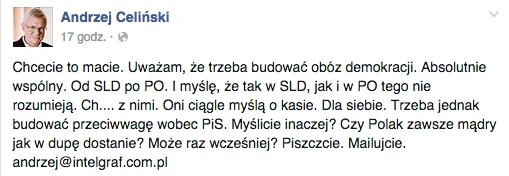 Wpis Andrzeja Celińskiego na Facebook.com