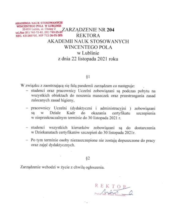 Screen zarządzenie rektora  Akademii Nauk Stosowanych Wincentego Pola w Lublinie.