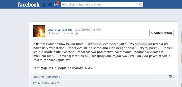 Screen z konta Dawida Wildsteina na Facebooku