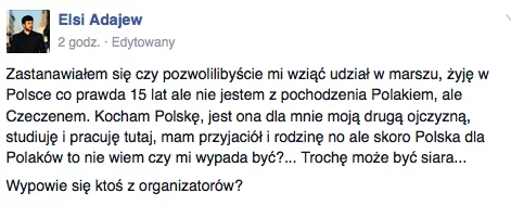Post, jaki Elsi Adajew zamieścił na Facebooku Marszu Niepodległości.