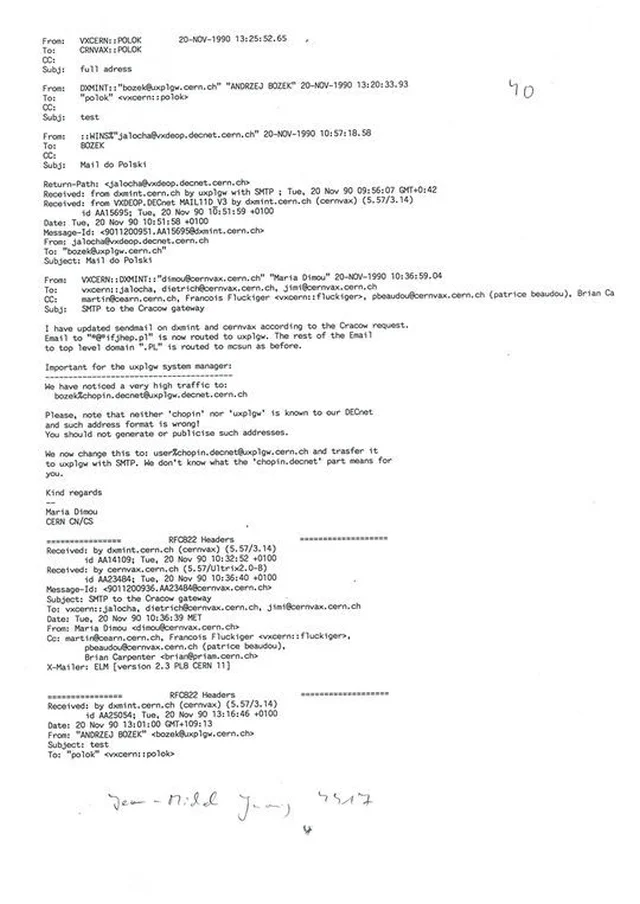 e-mail dotyczący konfiguracji połączenia mailowego w protokole IP z komputerem Chopin w IFJ - 20.11.1990