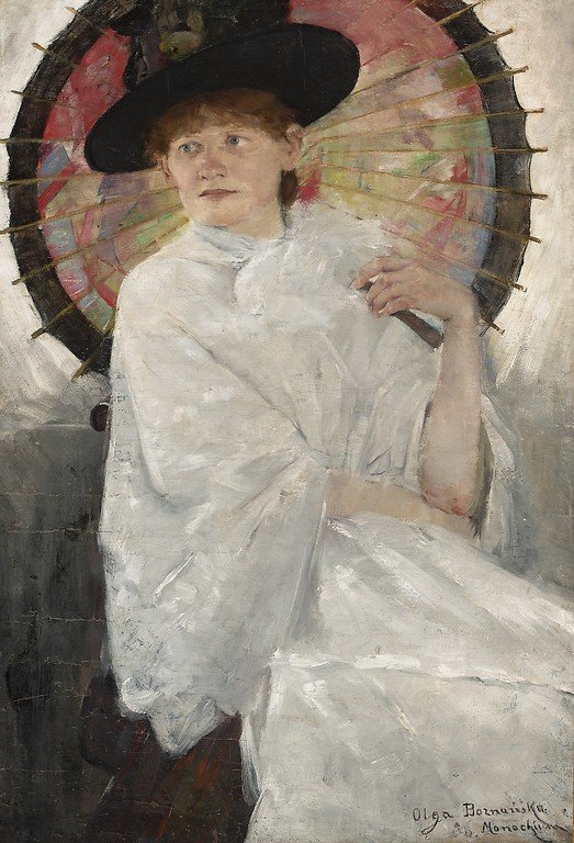 Olga Boznańska, Portret młodej kobiety z czerwoną parasolką, 1888, Monachium, Kolekcja prywatna