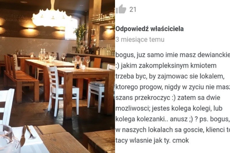 Właściciel Restauracji PUI' w odpowiedzi na opinię jednego z internautów.