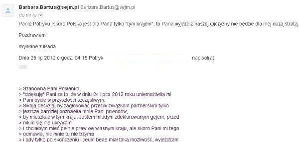 Korespondencja pomiędzy Patrykiem a posłanką.