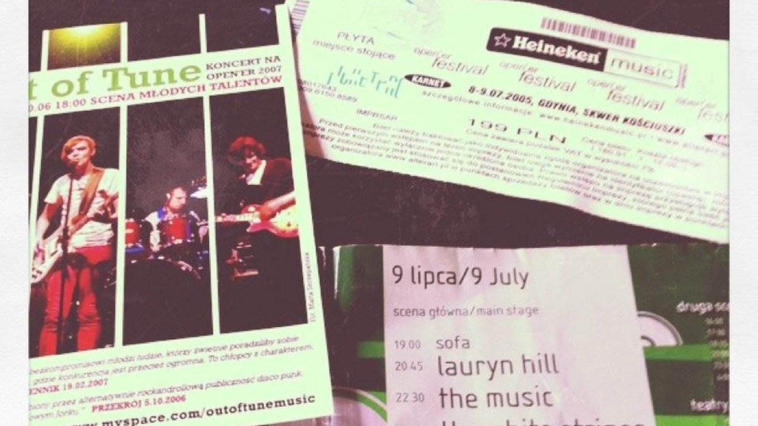 bilet (cena 199 PLN!!!) i książeczka z Open'era 2005 oraz ulotka promująca koncert Out of Tune w 2007 roku