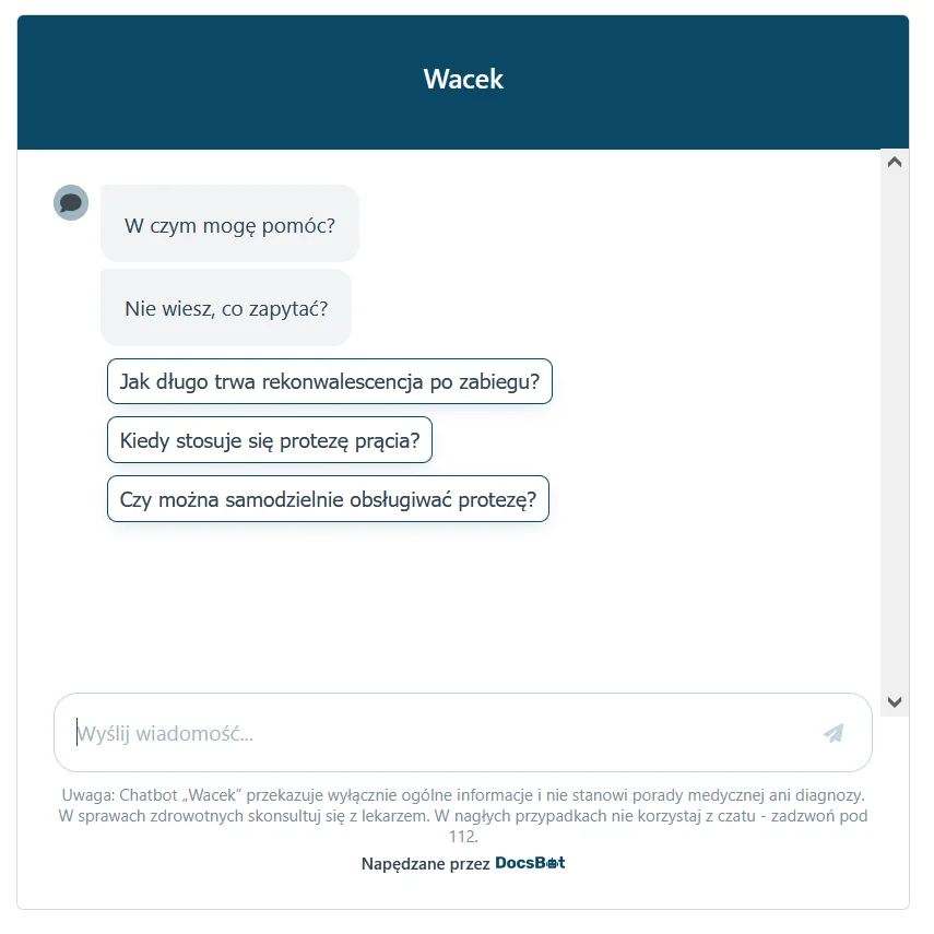 Tak wygląda wstęp do rozmowy z czatbotem Wacek. Tak wygląda wstęp do rozmowy z czatbotem Wacek.