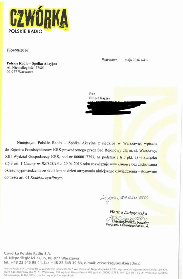 List, który otrzymał Filip Chajzer od dyrektor programu czwartego Polskiego Radia.