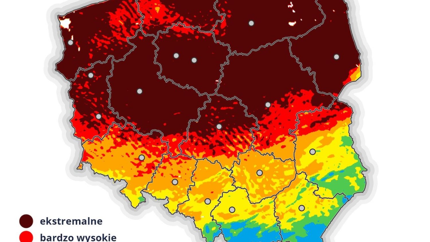Mapa Polski z zaznaczonymi strefami zagrożenia pożarowego, które obowiązują w większości kraju. Mapa Polski z zaznaczonymi strefami zagrożenia pożarowego, które obowiązują w większości kraju.
