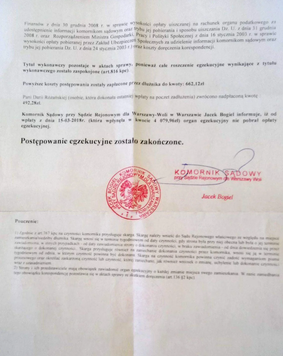 Komornik Jacek Bogiel 19 marca wysłał pani Marii pismo informujące o  braku zadłużenia.