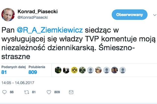 Konrad Piasecki skomentował na Twitterze program TVP, Rafał Ziemkiewicz odpowiedział i... tak się zaczęła kłótnia.