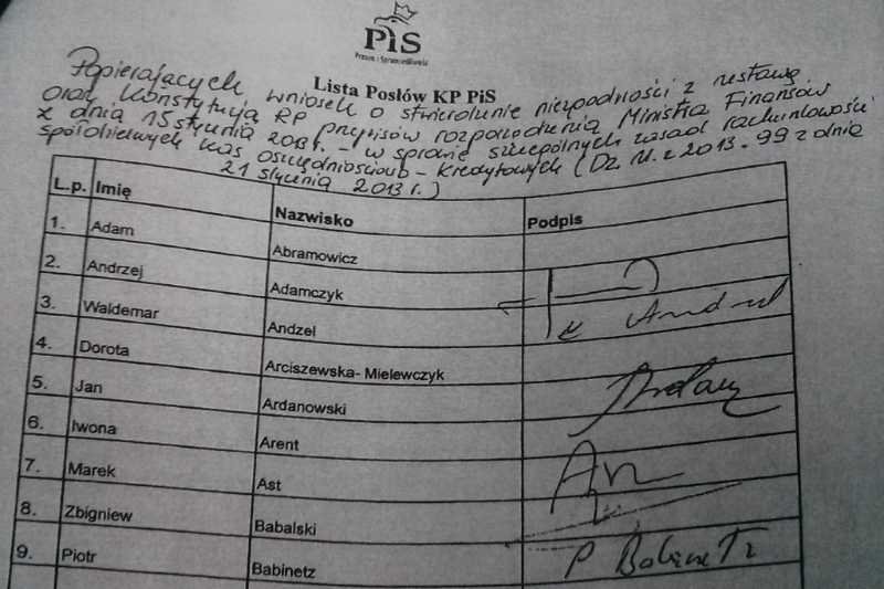 Dotarliśmy do listy polityków PiS, którzy podpisali wniosek do Trybunału Konstytucyjnego, by zablokować zwiększenie kontroli nad SKOK-ami.