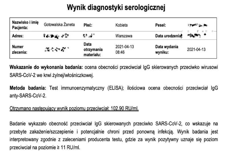 Wynik poziomu przeciwciał
