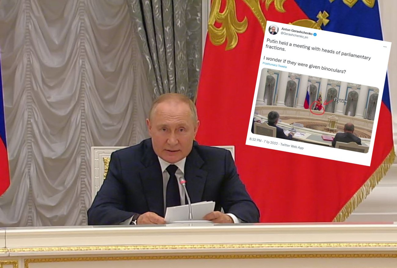 Rosja. Władimir Putin przy wielkim stole. "Ciekawe, czy dostali lornetkę?"