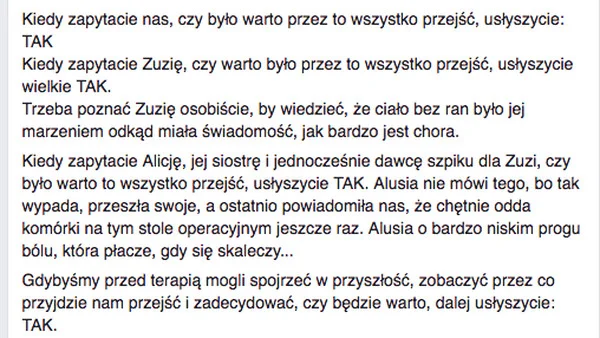 Jeden z ostatnich wpisów mamy Zuzi.