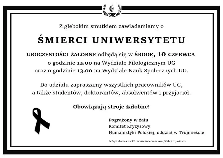 W Gdańsku organizatorzy protestu ogłoszą śmierć uniwersytetu.