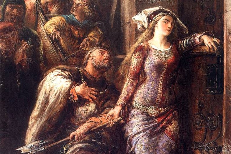 Dymitr z Goraja wstrzymujący Jadwigę od wyłamania drzwi na zamku królewskim w Krakowie, obraz Jana Matejki.