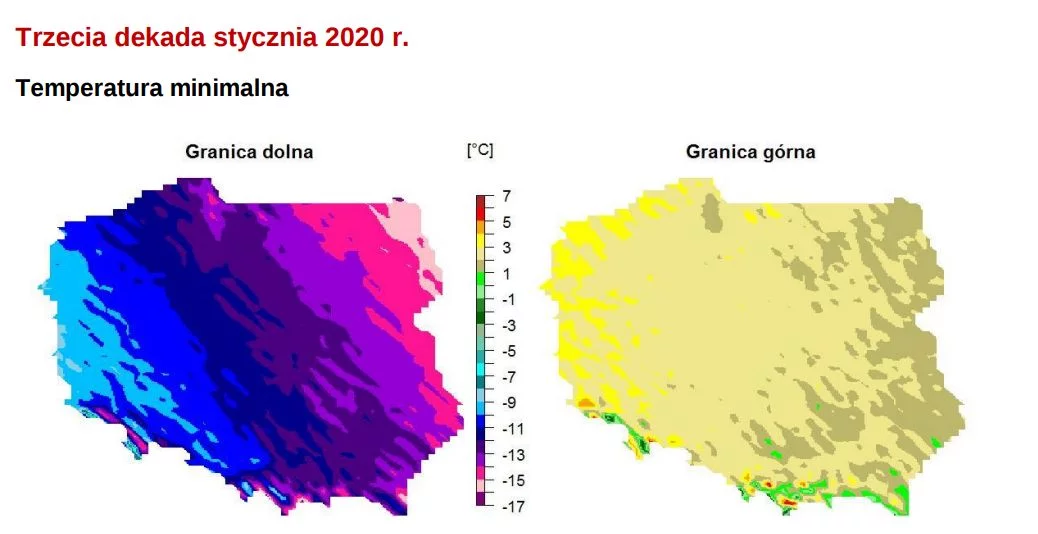 Prognozowana najniższa i najwyższa temperatura minimalna w III dekadzie stycznia 2020 r.