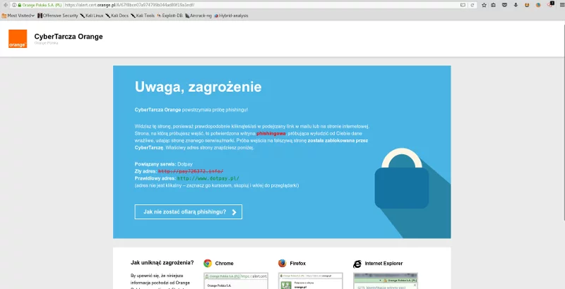 Przykładowy komunikat, jaki wyświetla oprogramowanie CyberTarcza, gdy blokuje użytkownikowi dostęp do niebezpiecznej strony
