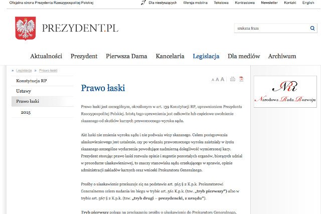 Tekst dotyczący prawa łaski wrócił na stronę Kancelarii Prezydenta w nieco odmienionej wersji