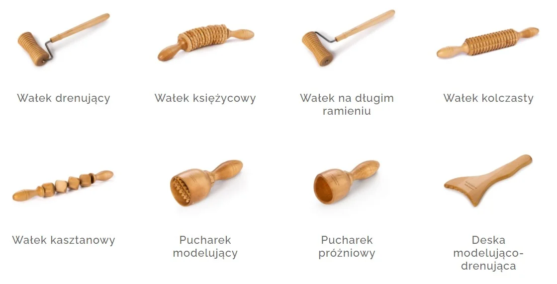 Drewniany przyrząd do masażu to połowa sukcesu. Każdy z narzędzi ma anatomicznie dostosowany kształt do wybranej partii ciała.