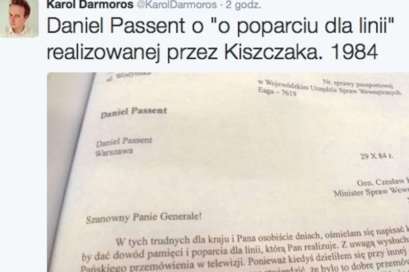 List Passenta Do Kiszczaka z 1984 roku.