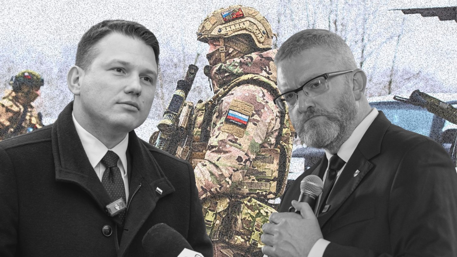 Wyborcy Brauna i Mentzena Rosji się nie boją. Przygotowanie do ewakuacji? Jakiej ewakuacji Sławomir Mentzen i Grzegorz Braun na tle rosyjskich żołnierzy