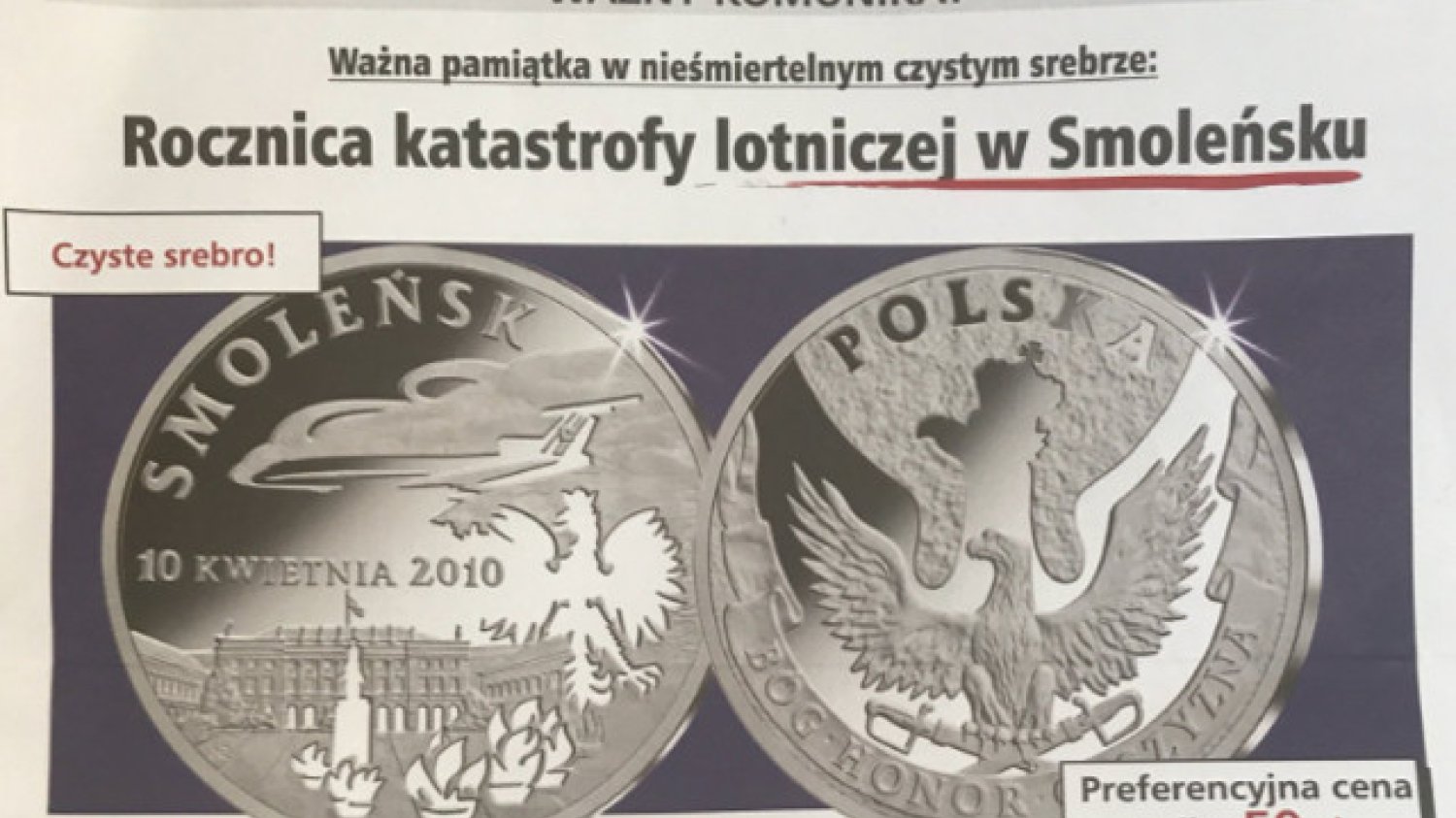 Internauta pochwalił się ofertą smoleńską, która znalazła się w jego skrzynce pocztowej.