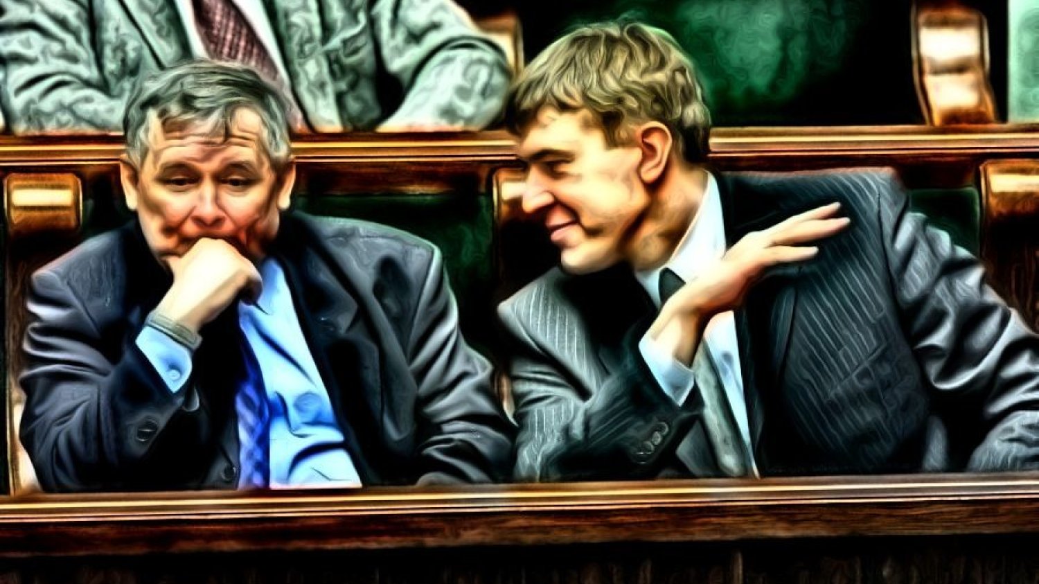Rok 2003, Sejm. Posłowie Jarosław Kaczyński i Roman Giertych na sali obrad.