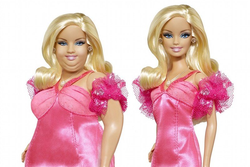 Grafika przedstawiająca Barbie w wersji plus size obok klasycznej lalki.