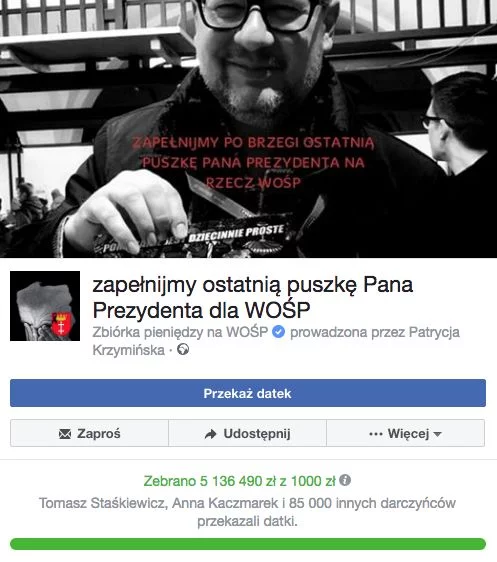W zbiórce do "puszki" Pawła Adamowicza jest już ponad 5 mln zł (stan na godz. 12 we wtorek).