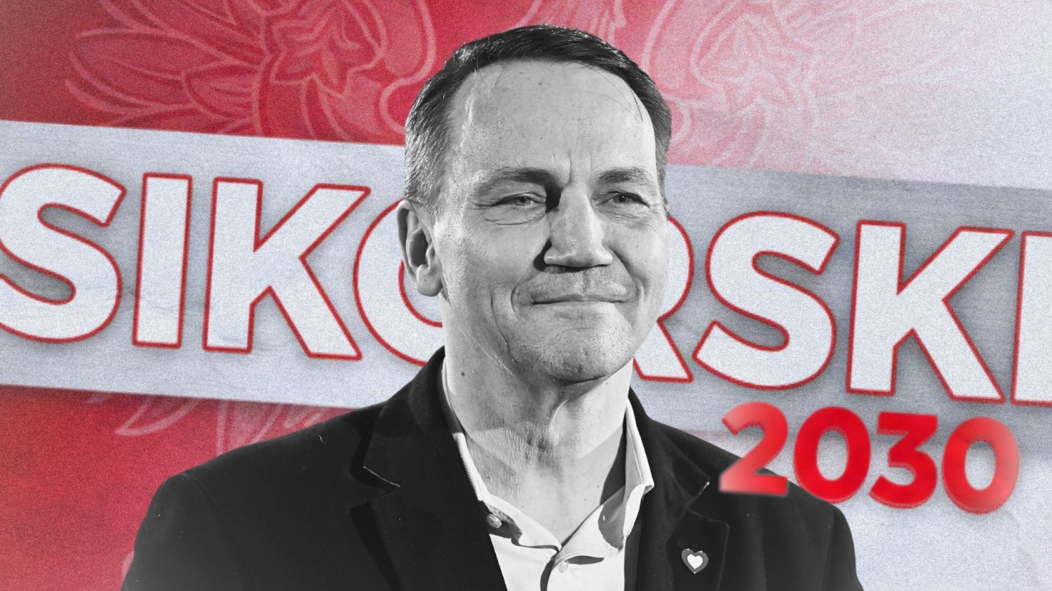 Radosław Sikorski szykuje się już na wybory prezydenckie 2030? Radosław Sikorski. W tle banner z hasłem "Sikorski 2030"