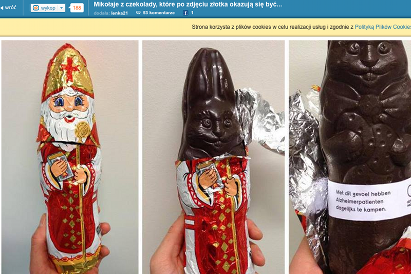 Mikołaj z czekolady, który po zdjęciu złotka okazuje się być zającem wielkanocnym.