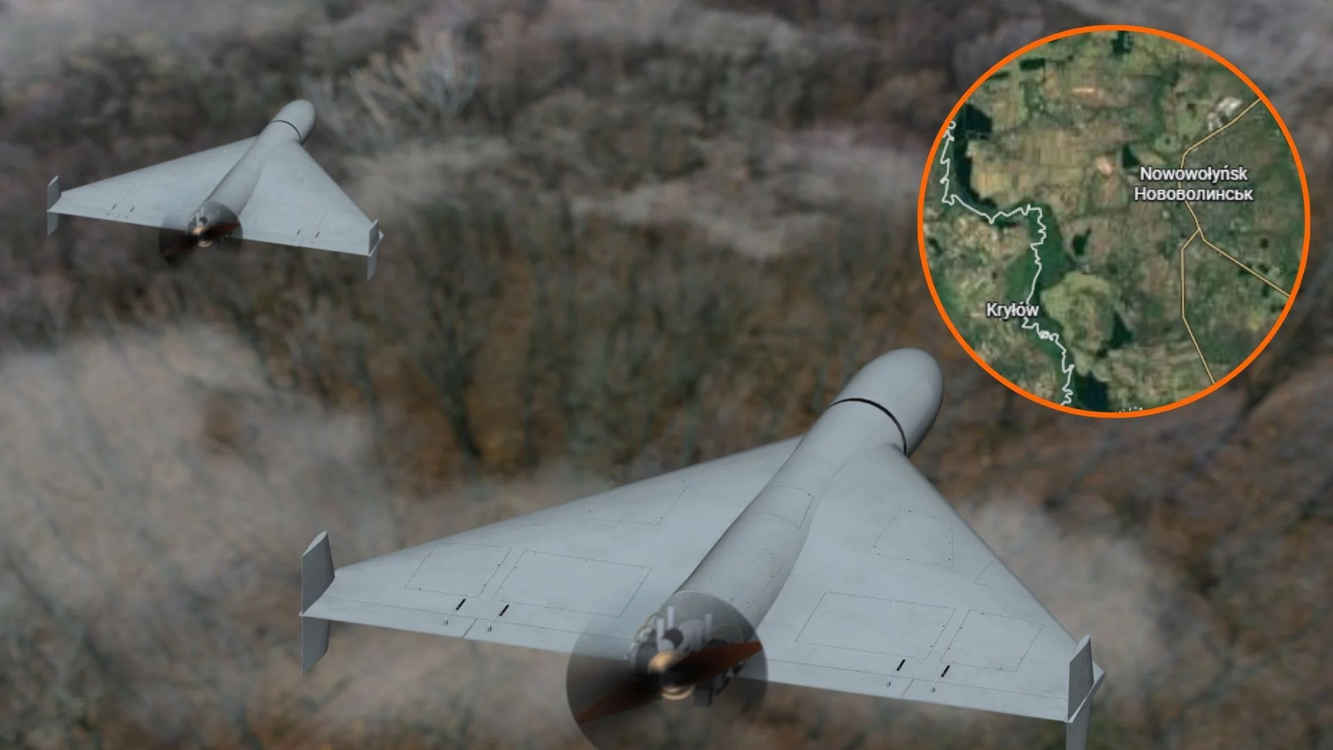 Dwa drony lecące nad lasem, fragment mapy z miastem Nowowołyńsk